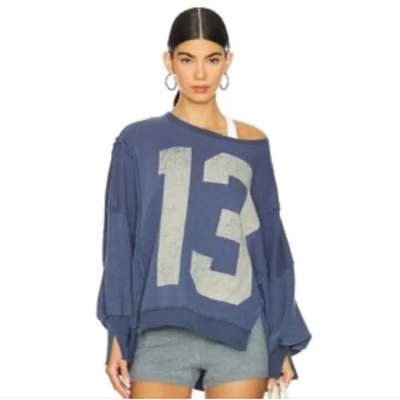 Free People Camden Graphic Pullover Sweatshirt Navy Combo 13 Size Medium - Picture 5 of 14